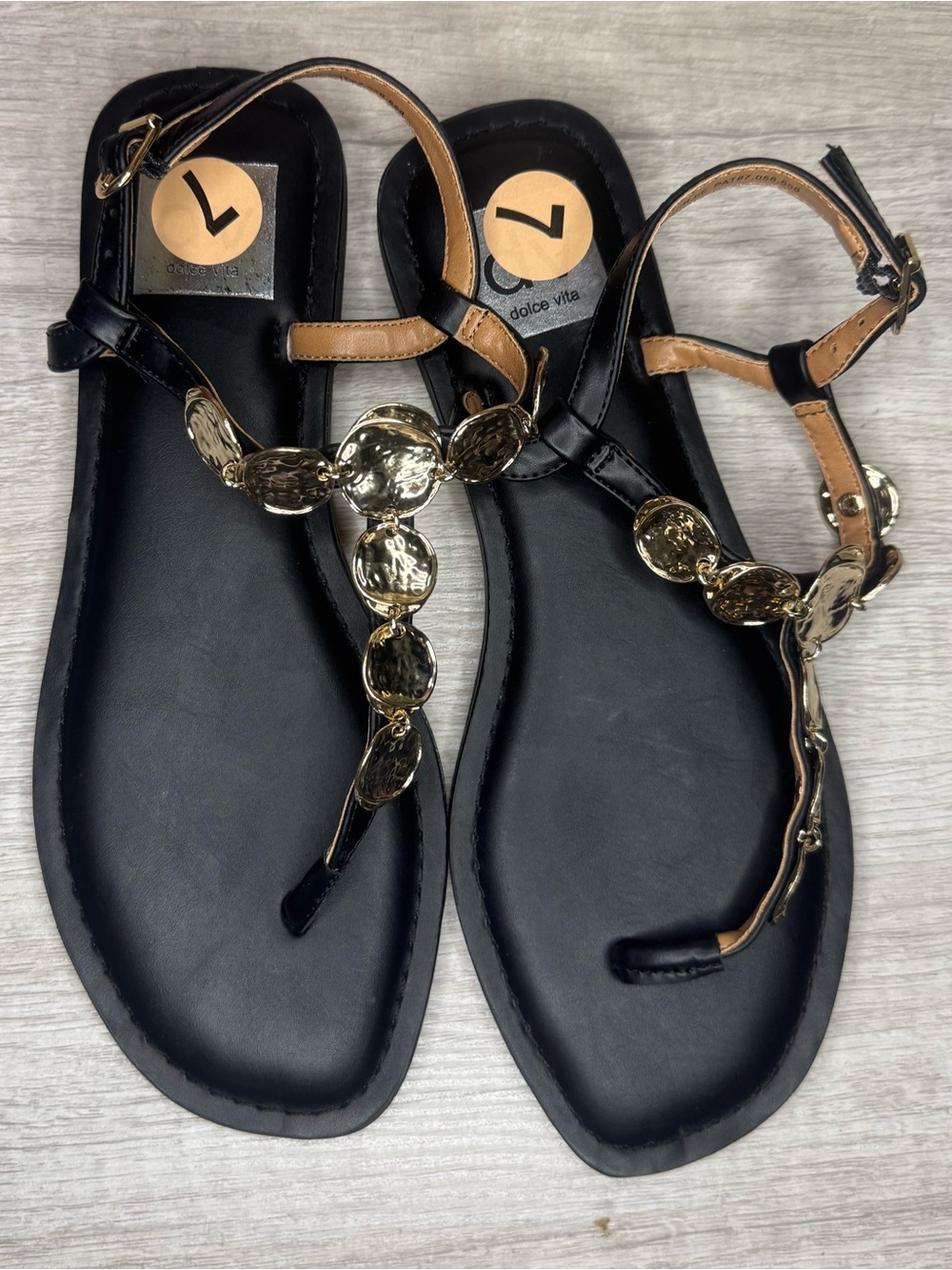 Dolce Vita Black Sandals with Gold Coin Embellishments - Picture 2 of 7